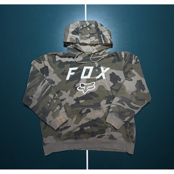 Vintage Y2K Fox Racing Camo Hoodie Sweatshirt Men's Large Distressed Faded - Picture 1 of 12
